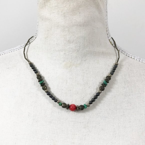 Vintage Native American Necklace Multi-Stone Beaded Turquoise Coral Silv…